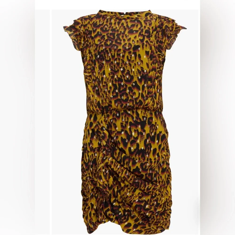 All Saints Hali Pleated Leopard Notes Yellow Multi Mini Dress Size 8 NWT - Picture 4 of 16